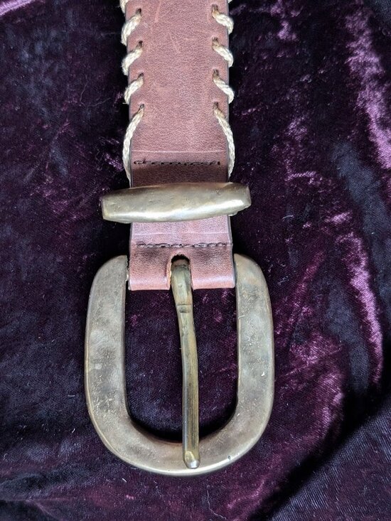 Vintage Brass and Leather Belt with Rope Edge - handsome & thick - 32\